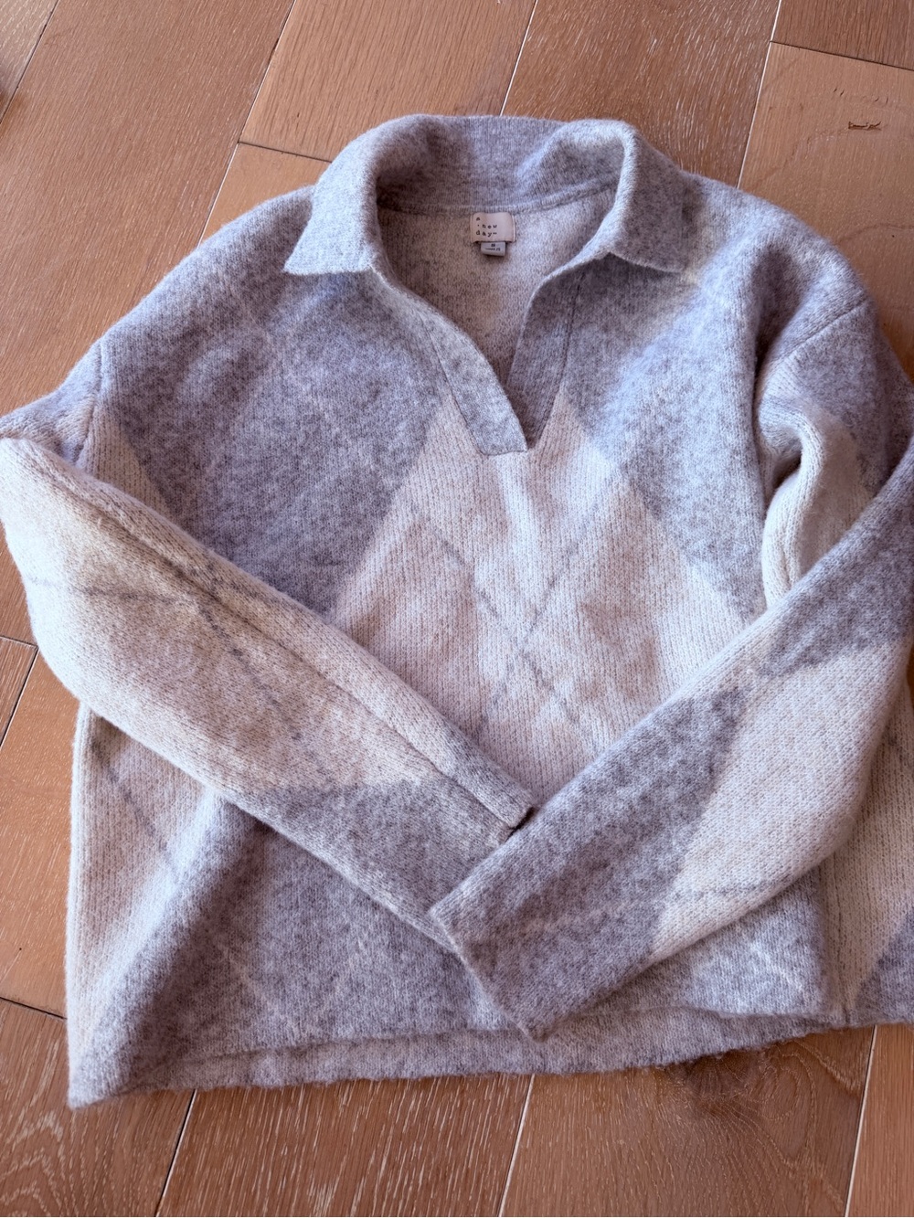 Cozy Neutral Argyle Polo Sweater - Women's Beige/Grey